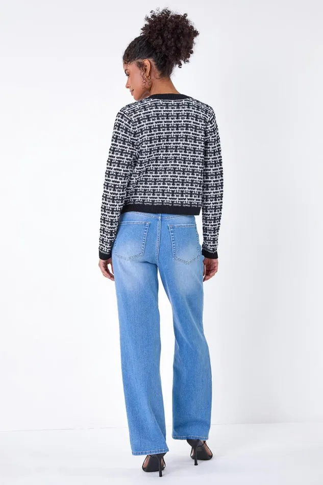 Black Boucle Knitted Contrast Cardigan Women Roman Knitwear