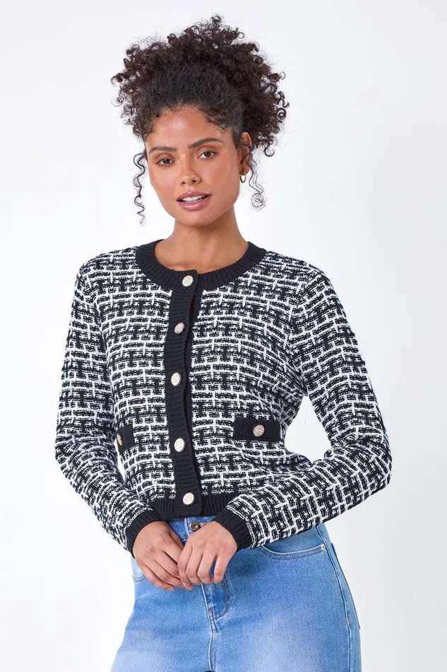 Black Boucle Knitted Contrast Cardigan Women Roman Knitwear