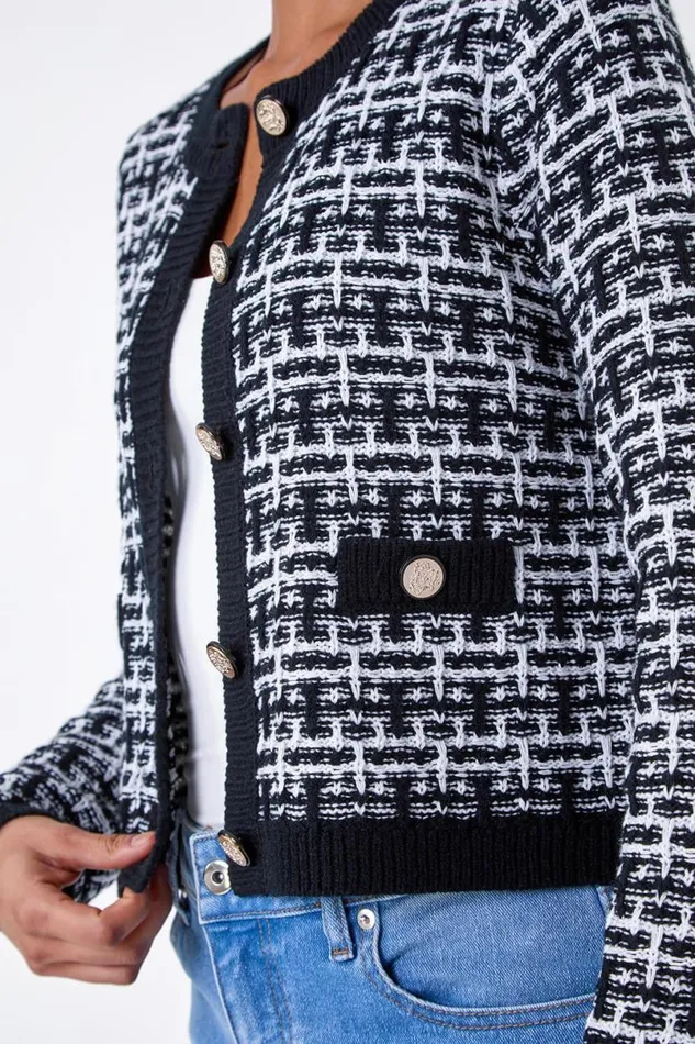 Black Boucle Knitted Contrast Cardigan Women Roman Knitwear