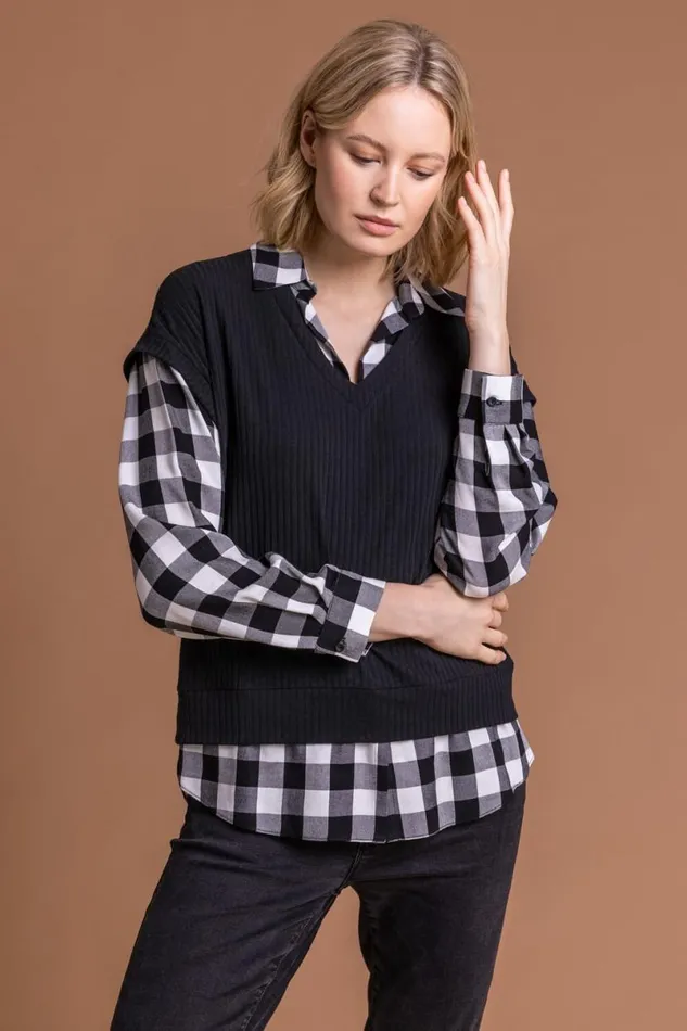 Black Check Print Sweater Vest Top Women Roman Tops