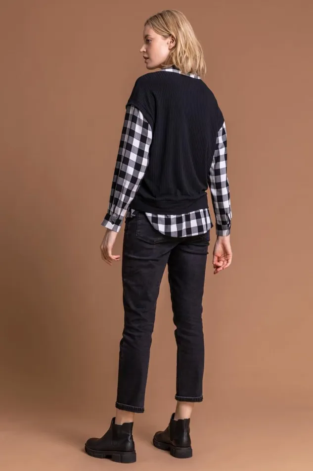 Black Check Print Sweater Vest Top Women Roman Tops
