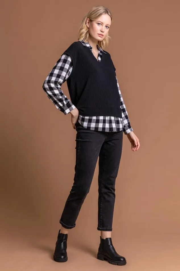 Black Check Print Sweater Vest Top Women Roman Tops