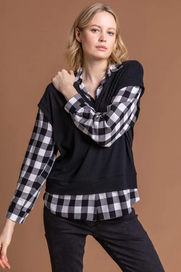 Black Check Print Sweater Vest Top Women Roman Tops