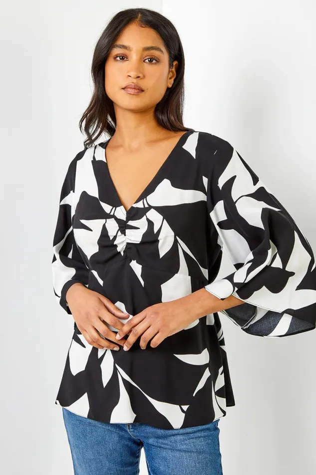 Black Contrast Floral Print Ruched Tunic Top Women Roman Tops