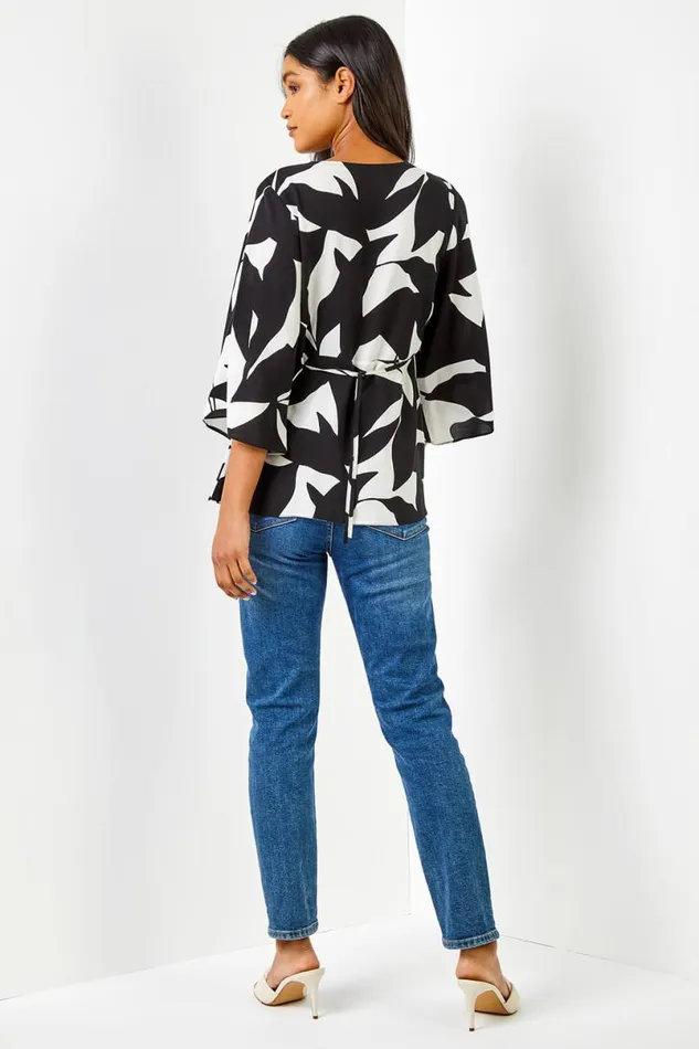 Black Contrast Floral Print Ruched Tunic Top Women Roman Tops