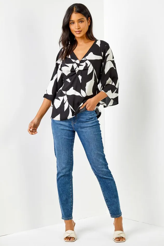 Black Contrast Floral Print Ruched Tunic Top Women Roman Tops