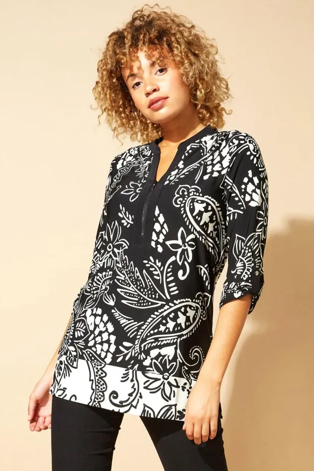 Black Contrast Paisley Zip Detail Longline Tunic Top Women Roman Tops