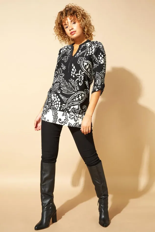 Black Contrast Paisley Zip Detail Longline Tunic Top Women Roman Tops