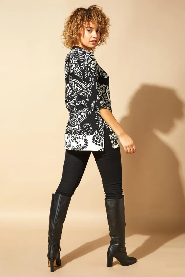 Black Contrast Paisley Zip Detail Longline Tunic Top Women Roman Tops