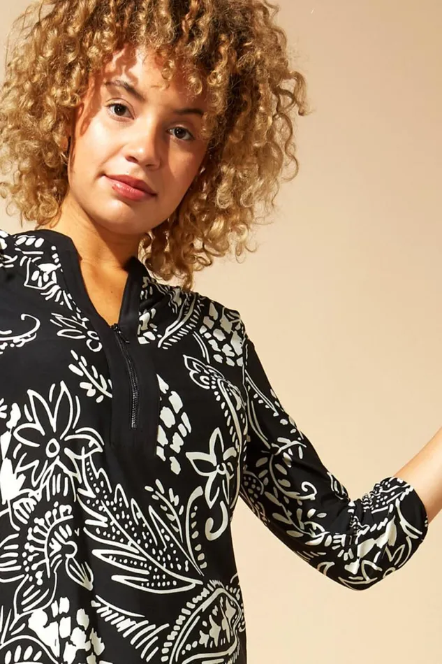 Black Contrast Paisley Zip Detail Longline Tunic Top Women Roman Tops