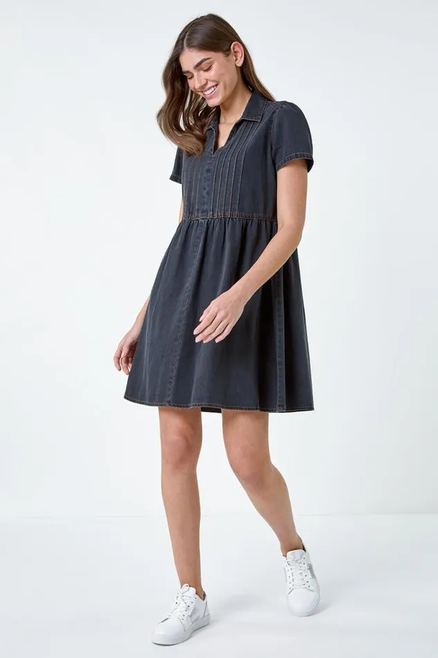 Black Cotton Denim Collared Dress Women Roman Dresses