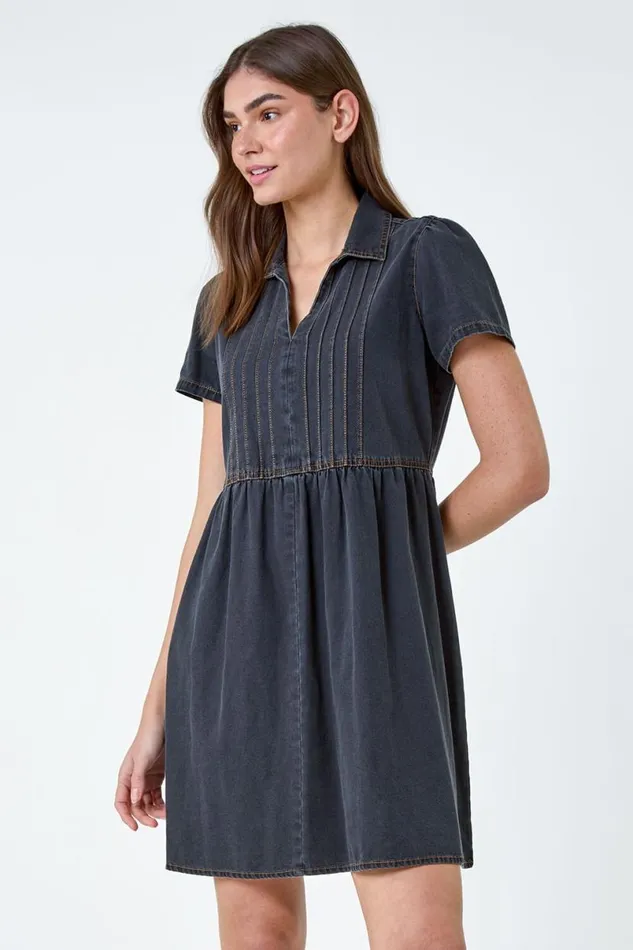 Black Cotton Denim Collared Dress Women Roman Dresses