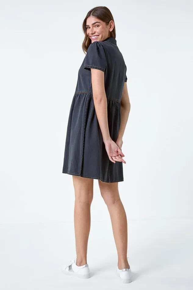 Black Cotton Denim Collared Dress Women Roman Dresses