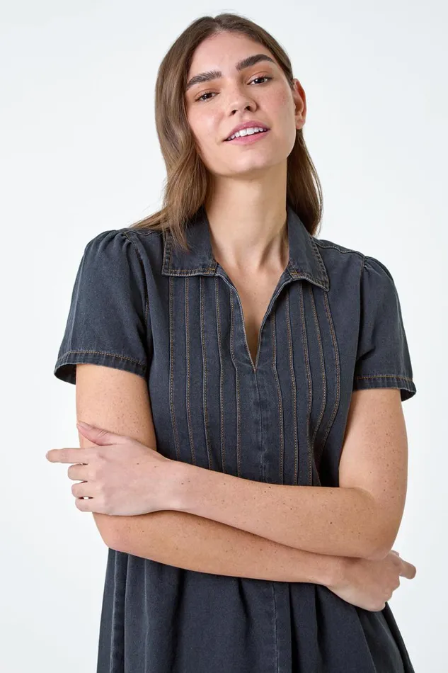 Black Cotton Denim Collared Dress Women Roman Dresses