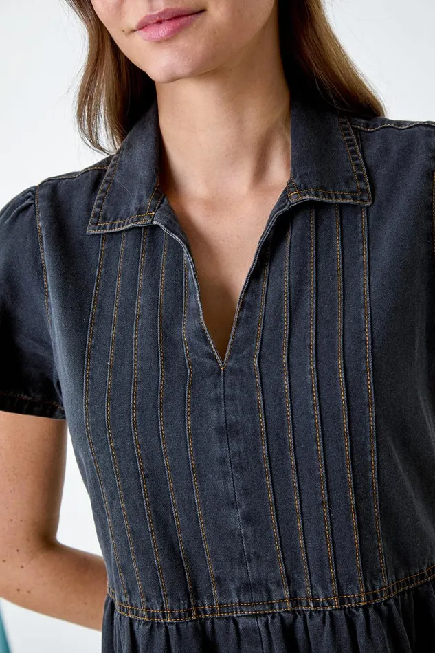 Black Cotton Denim Collared Dress Women Roman Dresses