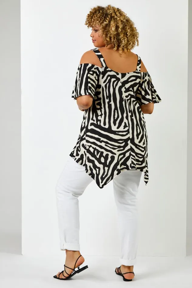 Black Curve Abstract Animal Print Cold Shoulder Top Women Roman Tops