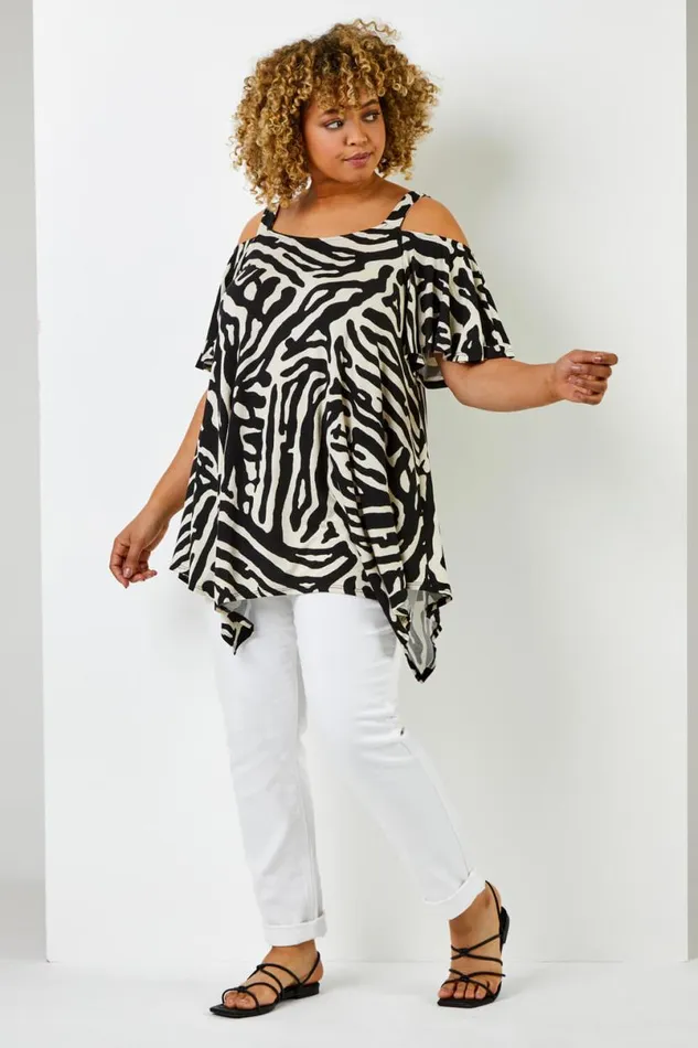 Black Curve Abstract Animal Print Cold Shoulder Top Women Roman Tops