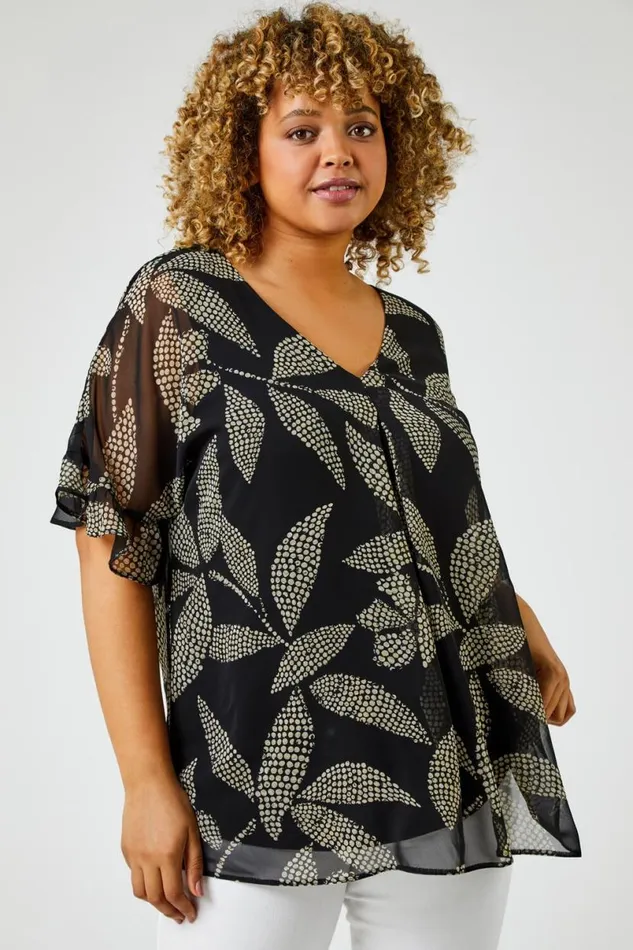 Black Curve Abstract Leaf Chiffon Overlay VNeck Top Women Roman Tops