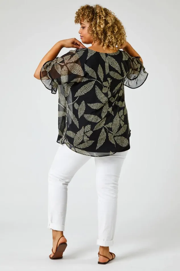 Black Curve Abstract Leaf Chiffon Overlay VNeck Top Women Roman Tops