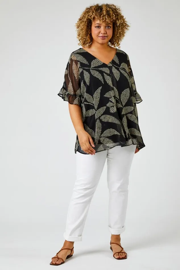 Black Curve Abstract Leaf Chiffon Overlay VNeck Top Women Roman Tops