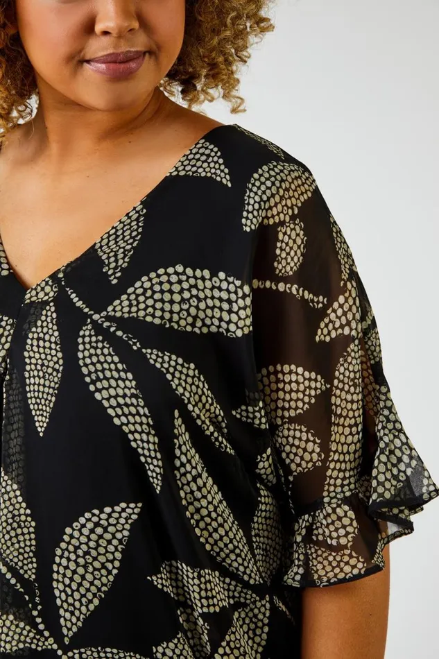 Black Curve Abstract Leaf Chiffon Overlay VNeck Top Women Roman Tops