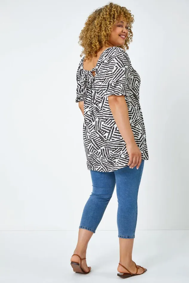 Black Curve Abstract Print Tie Detail Top Women Roman Tops