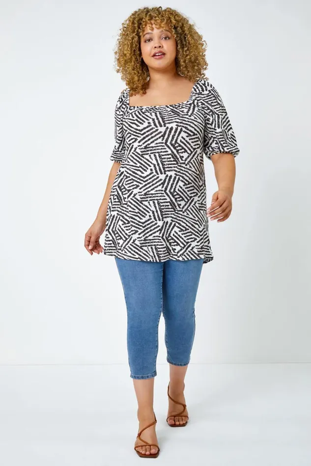 Black Curve Abstract Print Tie Detail Top Women Roman Tops