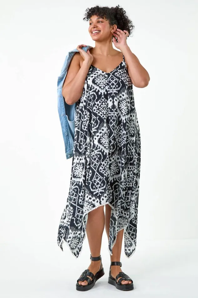 Black Curve Aztec Bobble Trim Hanky Hem Dress Women Roman Dresses
