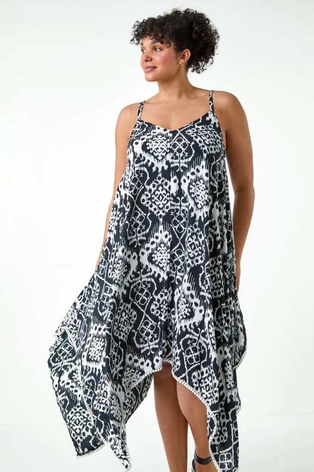 Black Curve Aztec Bobble Trim Hanky Hem Dress Women Roman Dresses