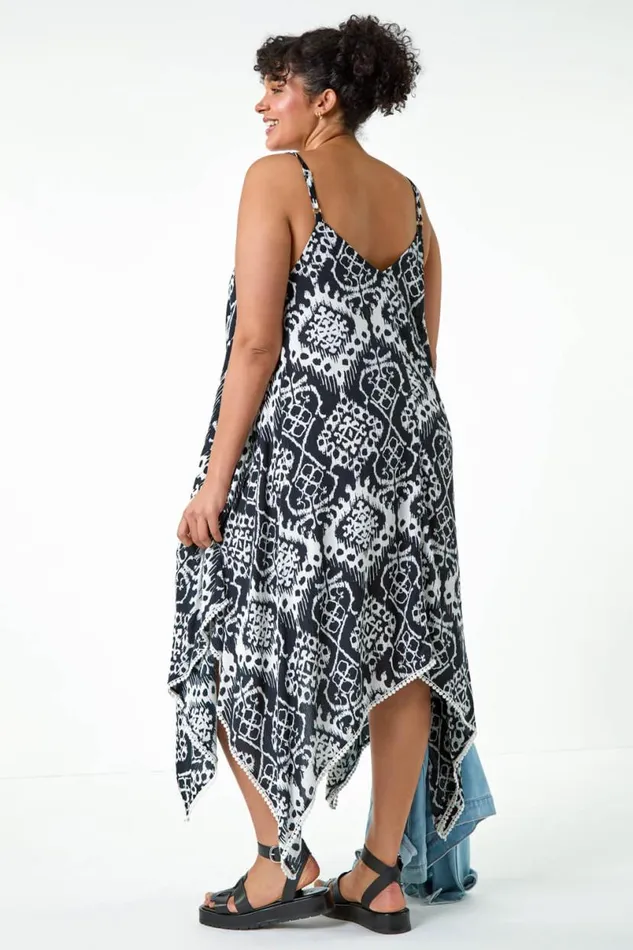 Black Curve Aztec Bobble Trim Hanky Hem Dress Women Roman Dresses