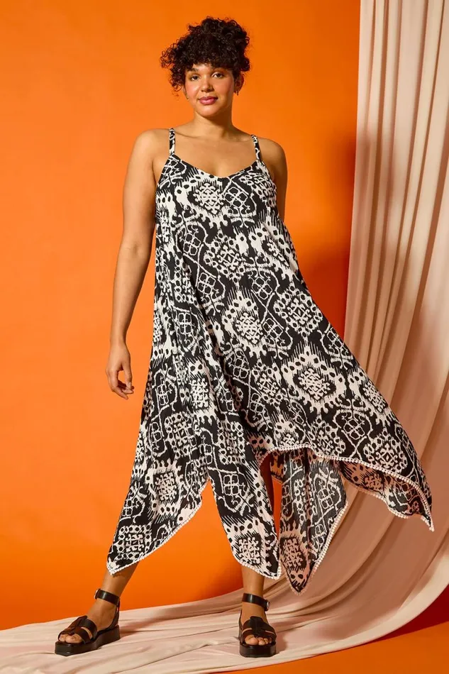 Black Curve Aztec Bobble Trim Hanky Hem Dress Women Roman Dresses