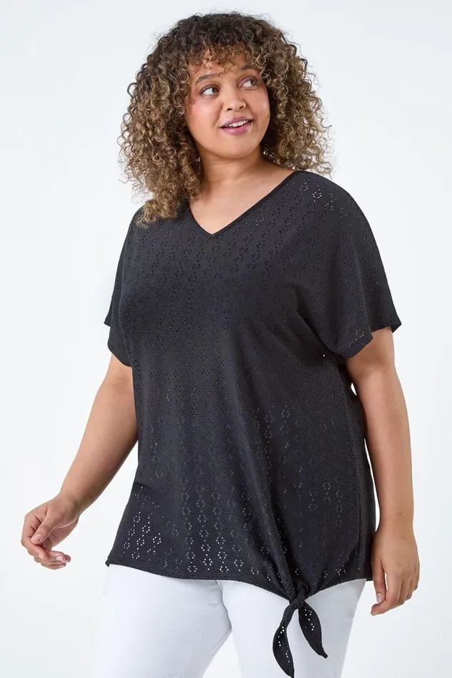 Black Curve Broderie Stretch Tie Detail Top Women Roman Tops