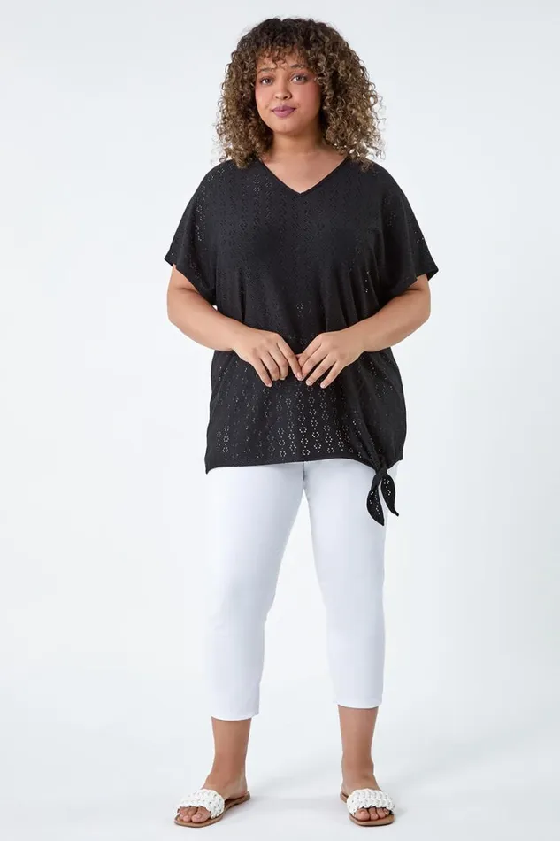 Black Curve Broderie Stretch Tie Detail Top Women Roman Tops