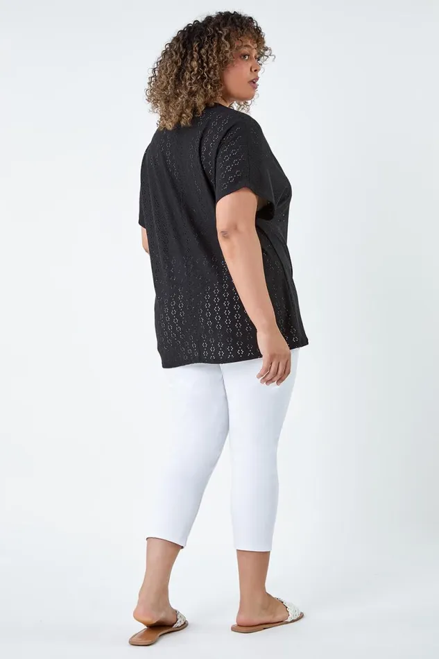 Black Curve Broderie Stretch Tie Detail Top Women Roman Tops