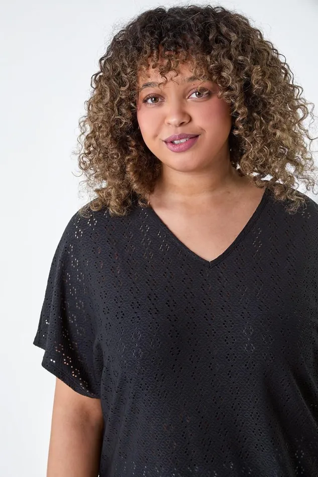 Black Curve Broderie Stretch Tie Detail Top Women Roman Tops