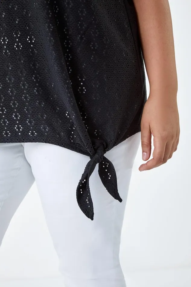 Black Curve Broderie Stretch Tie Detail Top Women Roman Tops