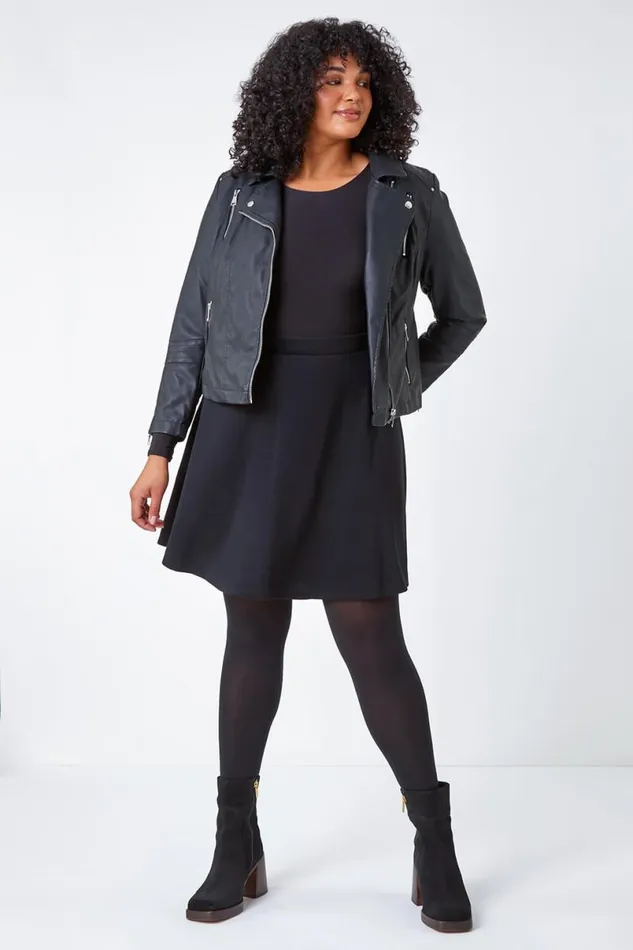 Black Curve Elastic Waist A Line Skater Skirt Women Roman Skirts