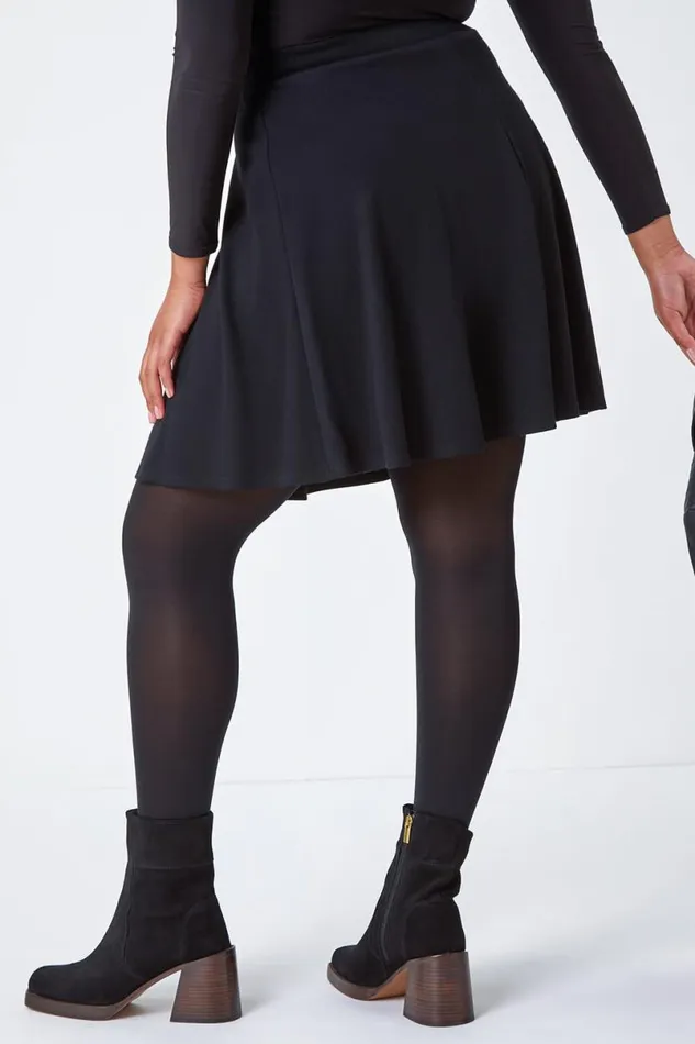 Black Curve Elastic Waist A Line Skater Skirt Women Roman Skirts