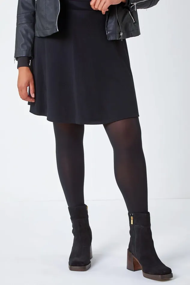 Black Curve Elastic Waist A Line Skater Skirt Women Roman Skirts