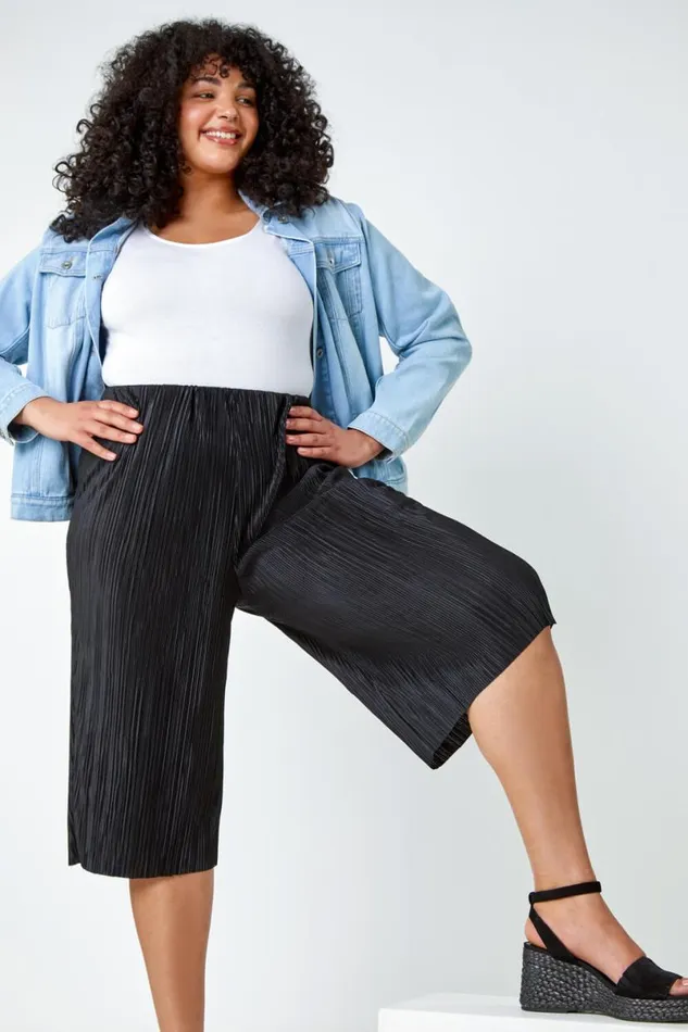 Black Curve Elastic Waist Plisse Culotte Trousers Women Roman Trousers