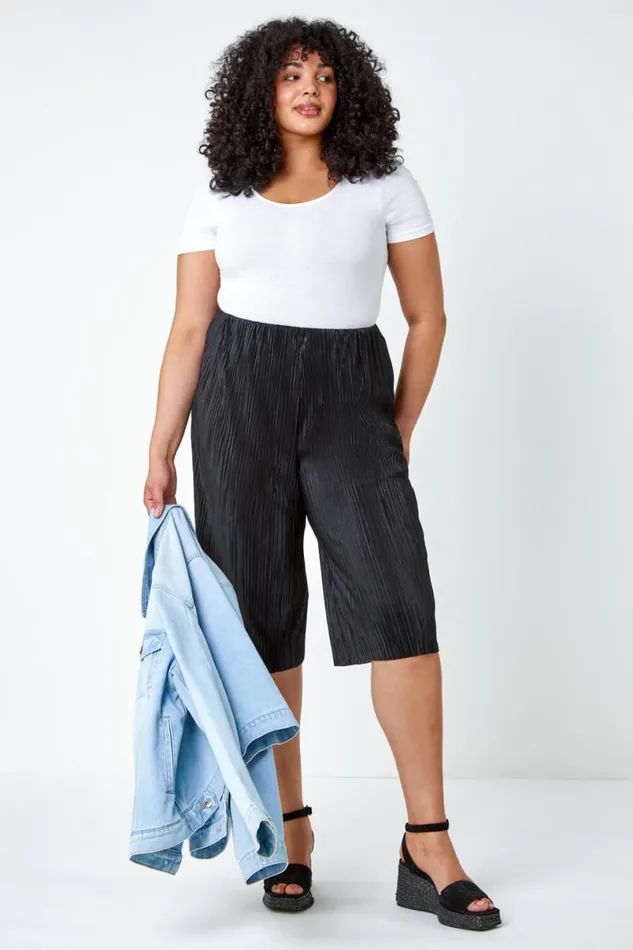 Black Curve Elastic Waist Plisse Culotte Trousers Women Roman Trousers