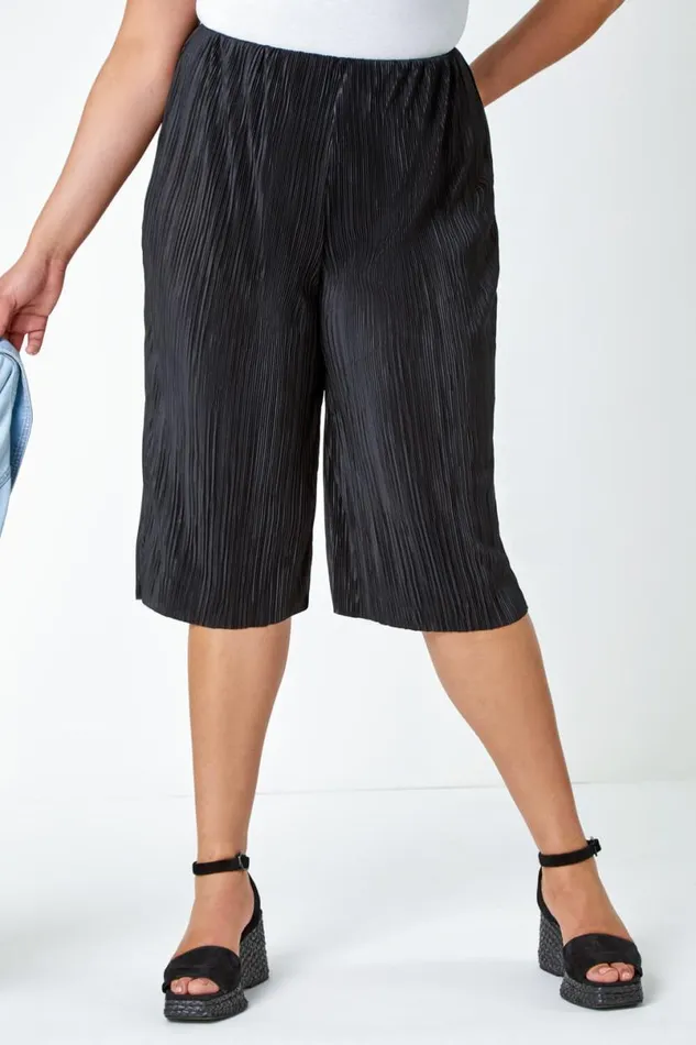 Black Curve Elastic Waist Plisse Culotte Trousers Women Roman Trousers