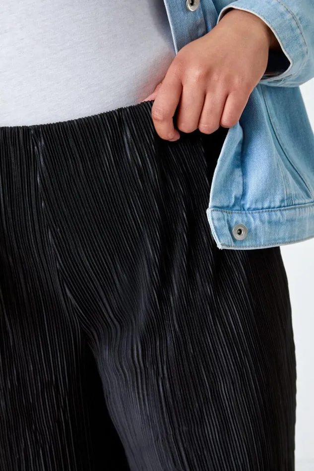 Black Curve Elastic Waist Plisse Culotte Trousers Women Roman Trousers