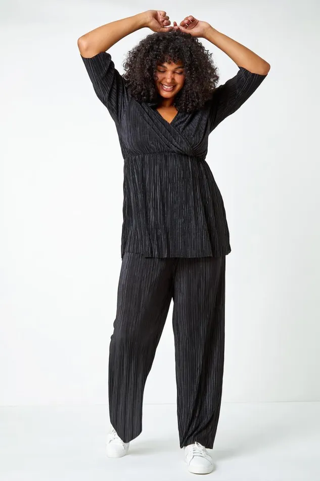Black Curve Plisse Elastic Waist Wide Leg Trousers Women Roman Trousers