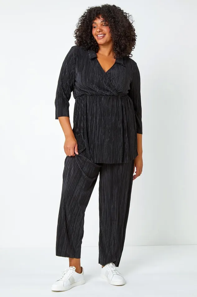 Black Curve Plisse Elastic Waist Wide Leg Trousers Women Roman Trousers