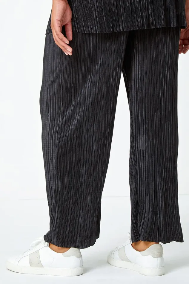 Black Curve Plisse Elastic Waist Wide Leg Trousers Women Roman Trousers