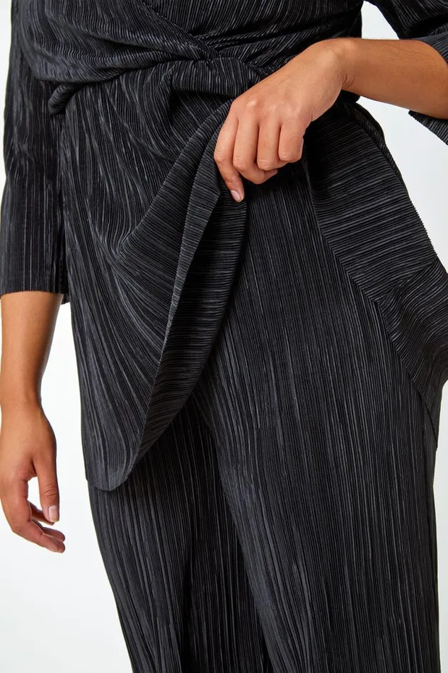Black Curve Plisse Elastic Waist Wide Leg Trousers Women Roman Trousers