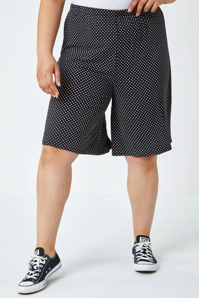 Black Curve Polka Dot Elastic Waist Stretch Shorts Women Roman Shorts