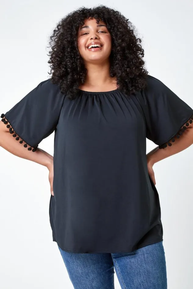 Black Curve Pom Pom Trim Stretch Bardot Top Women Roman Tops