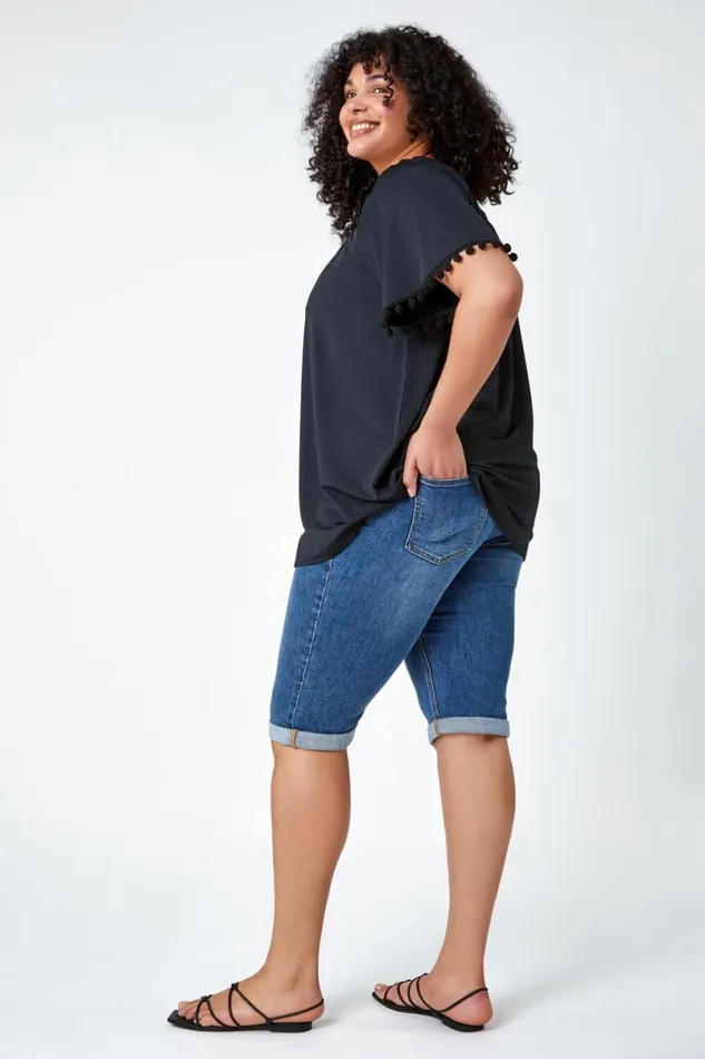 Black Curve Pom Pom Trim Stretch Bardot Top Women Roman Tops
